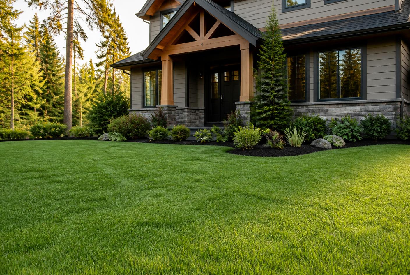 Established green lawn in front of a craftsman-style home at golden hour
