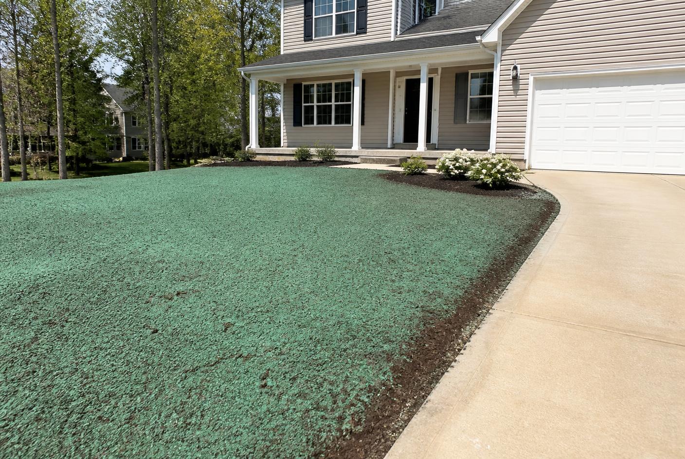 Freshly hydroseeded front lawn at a suburban home